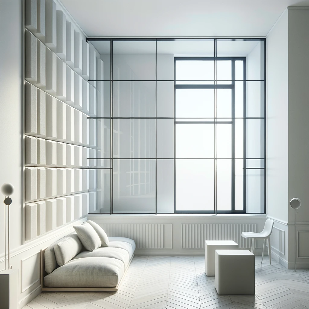 minimalist room featuring soundproof window inserts made of lightweight acrylic sheets