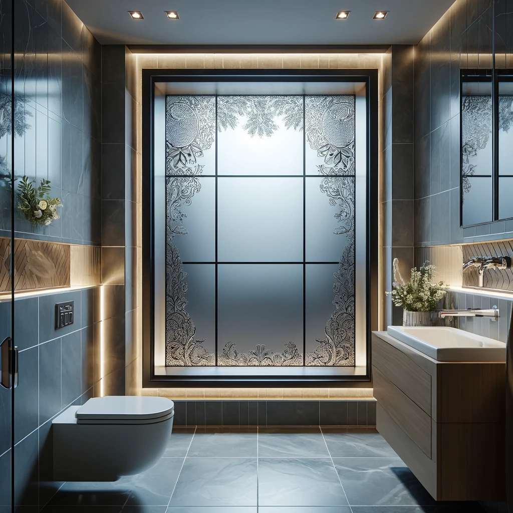 luxurious small bathroom window, designed to enhance privacy and aesthetic appeal with its frosted glass and intricate patterns.